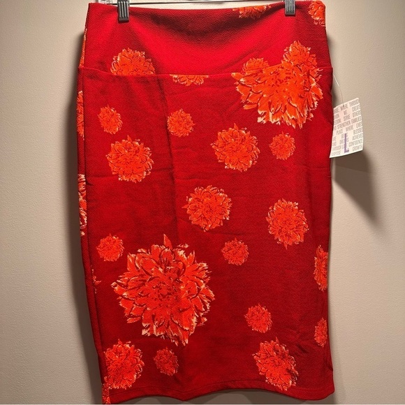 LulaRoe Cassie Pencil Skirt Stretchy High Wide Waist Band Large 14-16 Red Floral - Picture 6 of 12